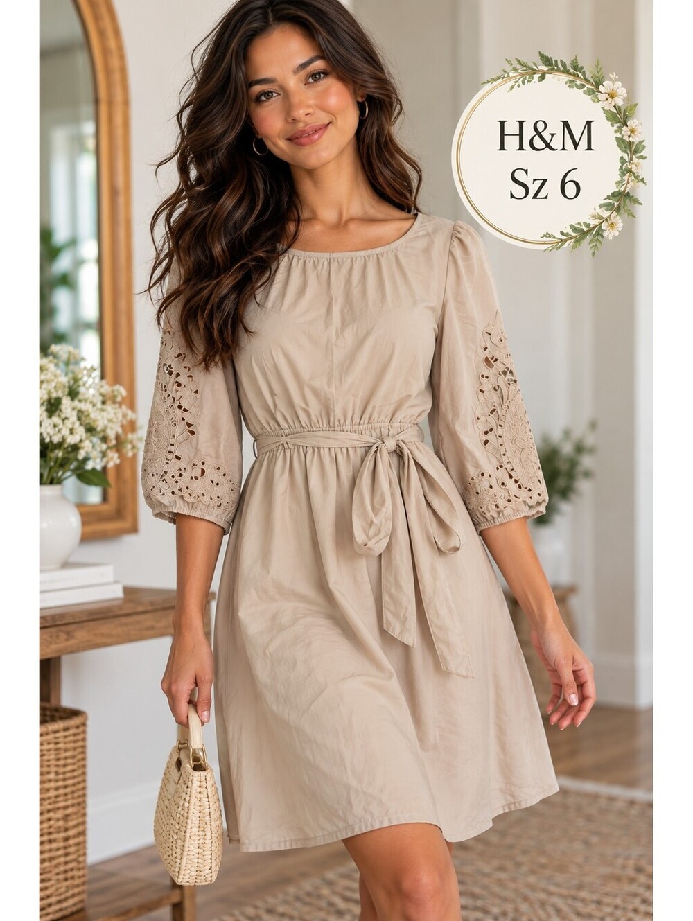 H&M | 6 | Cream Embroidered Sleeve Tie Waist Midi Dress